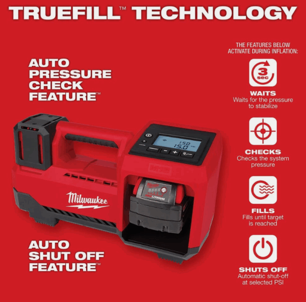 Vista lateral del inflador de llantas Milwaukee M18