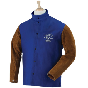 Chamarra de soldadura Black Stallion Hybrid 9 oz FR de cuero y tela ignífuga azul y marrón