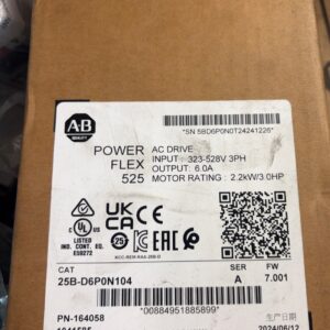 Imagen del Allen-Bradley PowerFlex 525 25B-D6P0N104, variador de frecuencia de 3 HP a 480 VAC para control de velocidad de motores.
