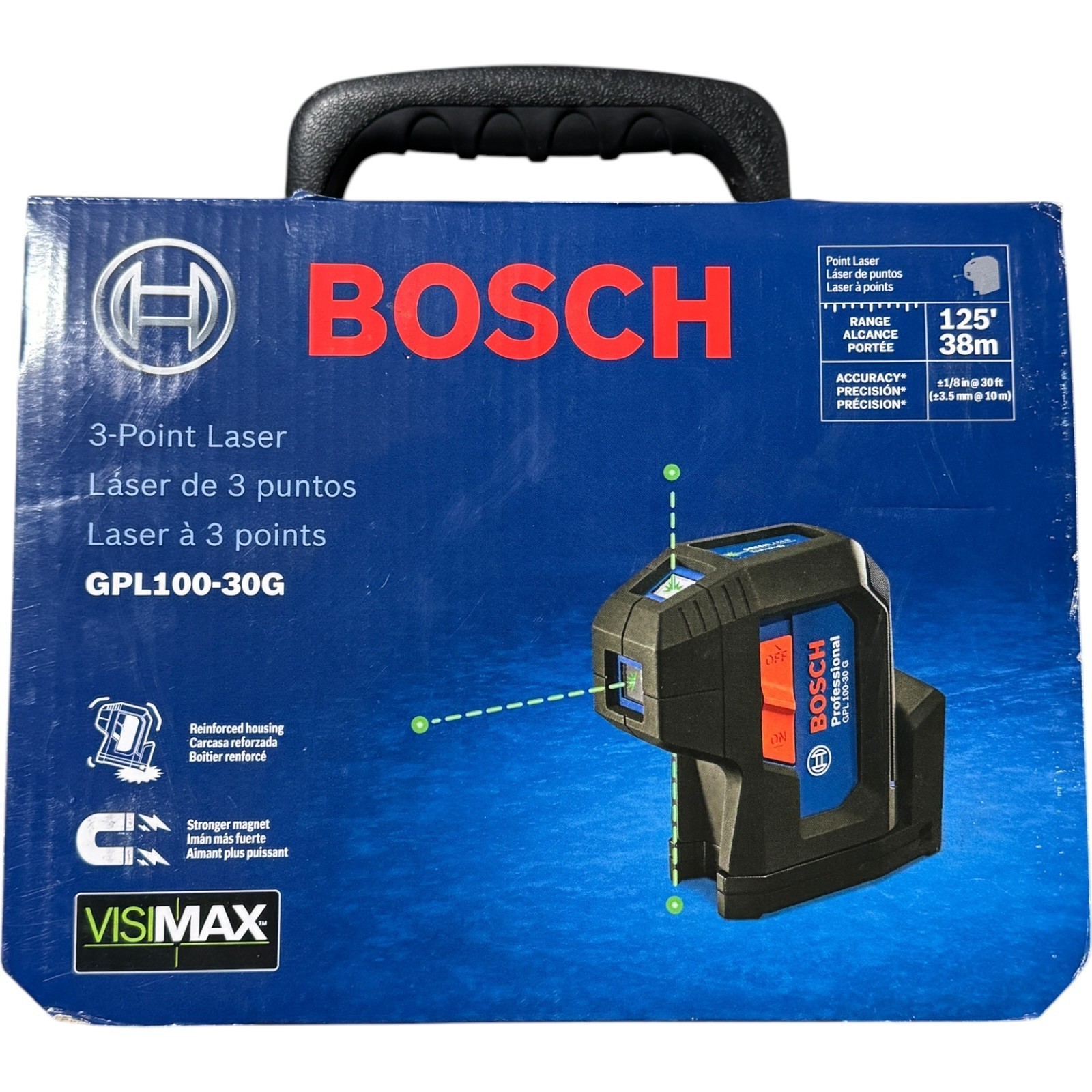 Imagen del Bosch GPL100-30G, láser verde autonivelante de 3 puntos para alineación y plomada.
